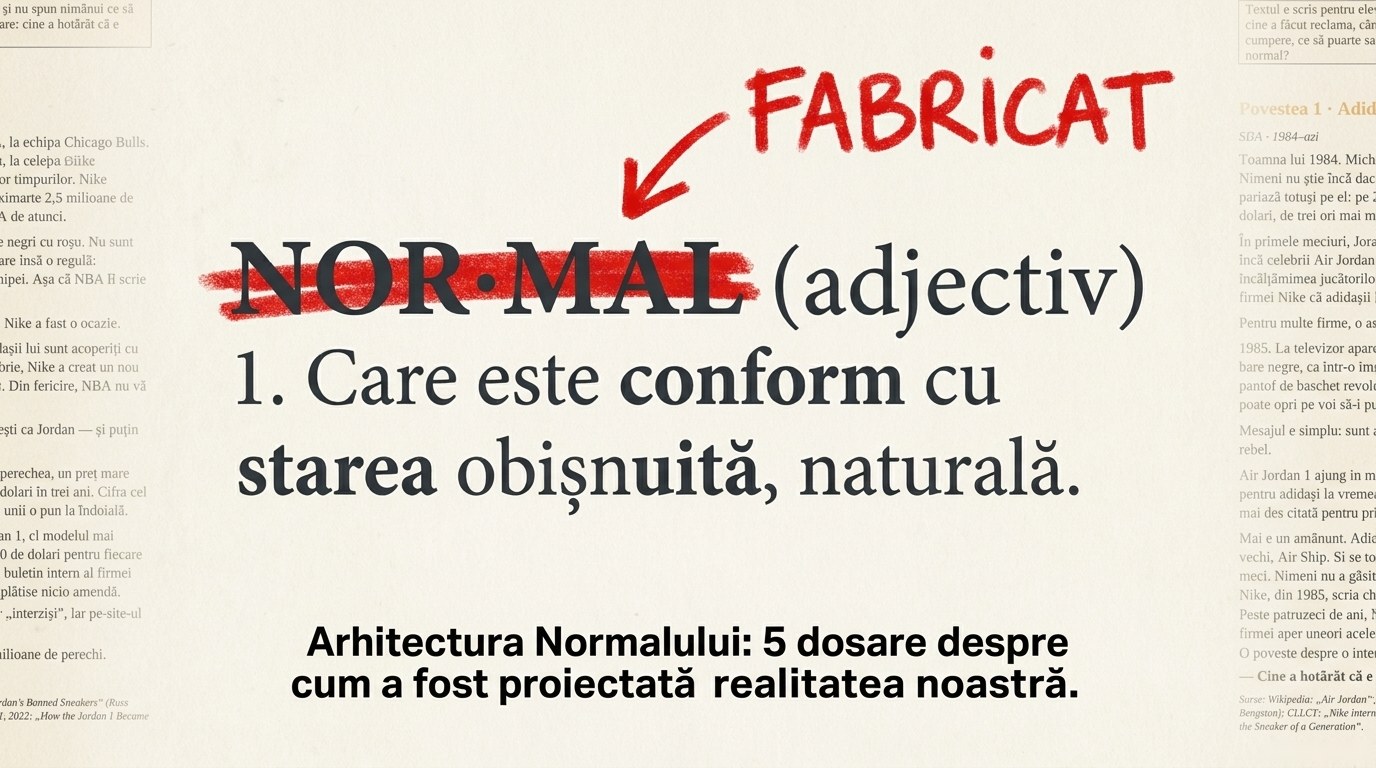 Cuvântul „normal” tăiat cu o linie roșie și înlocuit cu „fabricat”, deasupra definiției din dicționar: care este conform cu starea obișnuită, naturală.